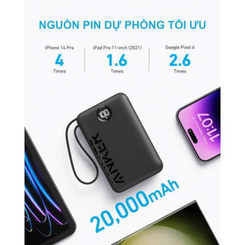 Anker A1647 - Pin Sạc Dự Phòng Anker 335 dung lượng 20000mAh, 3 Cổng Kèm Móc Treo và Giá Đỡ, cáp type C - Hình ảnh 5