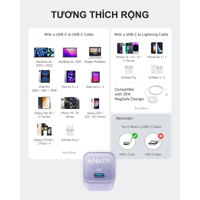 Anker A2147 - Củ sạc Anker 511 Nano 3 30W - <div class="css-146c3p1 r-bcqeeo r-1ttztb7 r-qvutc0 r-37j5jr r-a023e6 r-16dba41 r-1adg3ll r-1b5gpbm r-a8ghvy" dir="ltr"><span class="css-1jxf684 r-bcqeeo r-1ttztb7 r-qvutc0 r-poiln3">Anker A2147 – Củ sạc Anker 511 Nano 3 30W với thiết kế siêu nhỏ gọn, hỗ trợ sạc nhanh qua cổng USB-C, tương thích iPhone, Samsung, iPad. Công nghệ GaN II giúp hiệu suất cao, tản nhiệt tốt. Công suất tối đa 30W, tích hợp bảo vệ an toàn ActiveShield 2.0, lý tưởng cho người dùng di động.</span></div>