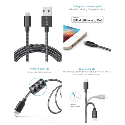 Anker A8153 – Cáp Sạc Anker PowerLine II USB-A to Lightning chuẩn MFi dài 1.8 mét - <div class="css-146c3p1 r-bcqeeo r-1ttztb7 r-qvutc0 r-37j5jr r-a023e6 r-16dba41 r-1adg3ll r-1b5gpbm r-a8ghvy" dir="ltr"><span class="css-1jxf684 r-bcqeeo r-1ttztb7 r-qvutc0 r-poiln3">Cáp sạc Anker A8153 PowerLine II USB-A to Lightning dài 1.8m đạt chuẩn MFi từ Apple, đảm bảo tương thích hoàn hảo với iPhone, iPad, iPod. Sản phẩm nổi bật với độ bền vượt trội, chịu được hơn 30.000 lần uốn cong. Hỗ trợ sạc nhanh, truyền dữ liệu hiệu quả, thiết kế tiện lợi với chiều dài lý tưởng.</span></div>