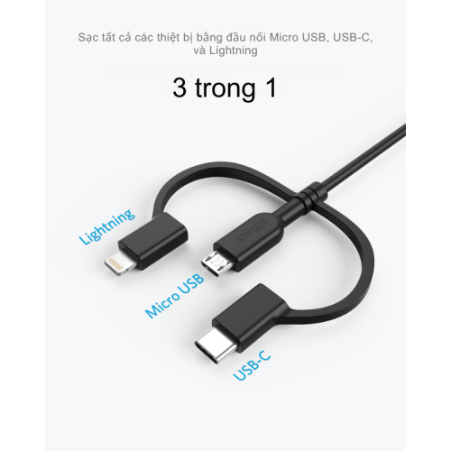 Anker A8436 - Cáp sạc Anker Powerline II 0.9M 3 in 1 (Lightning-Type C-Micro USB) - Hình ảnh 3