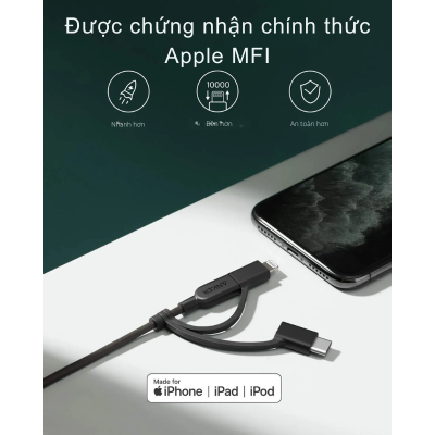 Anker A8436 - Cáp sạc Anker Powerline II 0.9M 3 in 1 (Lightning-Type C-Micro USB) - <div class="css-146c3p1 r-bcqeeo r-1ttztb7 r-qvutc0 r-37j5jr r-a023e6 r-16dba41 r-1adg3ll r-1b5gpbm r-a8ghvy" dir="ltr"><span class="css-1jxf684 r-bcqeeo r-1ttztb7 r-qvutc0 r-poiln3">Cáp sạc Anker A8436 Powerline II 0.9M 3 trong 1 là giải pháp tiện lợi với ba đầu nối Lightning, USB-C và Micro USB, tương thích đa dạng thiết bị. Sản phẩm nổi bật với độ bền vượt trội, chịu được hơn 12.000 lần uốn cong và tốc độ sạc nhanh nhờ chứng nhận MFi từ Apple. Thiết kế nhỏ gọn, dài 0.9m, dễ dàng mang theo mọi lúc mọi nơi.</span></div>