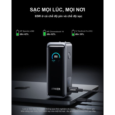 Anker A1339 - Pin Dự Phòng Anker Prime Fusion 9600mah 65W - Pin sạc dự phòng Anker A1339 – Anker Prime Fusion 9600mAh 65W kết hợp hoàn hảo giữa pin di động và sạc tường, cung cấp công suất tối đa 65W qua cổng USB-C. Với dung lượng 9600mAh, màn hình LCD thông minh và thiết kế nhỏ gọn (10,76 oz), đây là lựa chọn lý tưởng cho người dùng cần sạc nhanh iPhone, MacBook, hoặc Galaxy mọi lúc, mọi nơi.