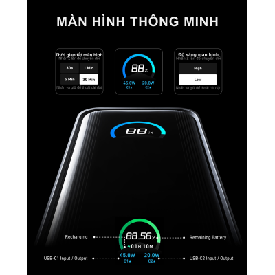 Anker A1339 - Pin Dự Phòng Anker Prime Fusion 9600mah 65W - Pin sạc dự phòng Anker A1339 – Anker Prime Fusion 9600mAh 65W kết hợp hoàn hảo giữa pin di động và sạc tường, cung cấp công suất tối đa 65W qua cổng USB-C. Với dung lượng 9600mAh, màn hình LCD thông minh và thiết kế nhỏ gọn (10,76 oz), đây là lựa chọn lý tưởng cho người dùng cần sạc nhanh iPhone, MacBook, hoặc Galaxy mọi lúc, mọi nơi.