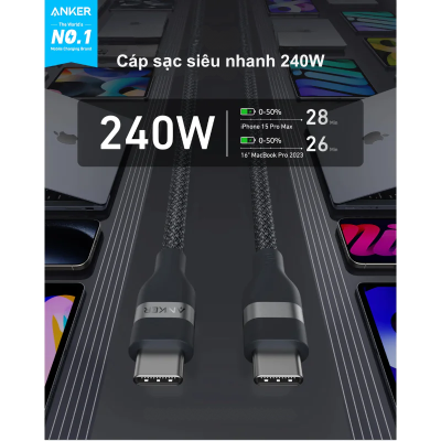 Cáp sạc nhanh Anker 240W Type C to C A82E2 bện dù chắc chắn, mẫu 2024, nhiều màu sắc