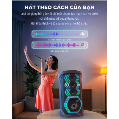 Loa Bluetooth karaoke party Soundcore Rave 3 công suất 160W kèm 2 mic không dây - A31A3 - <div class="css-146c3p1 r-bcqeeo r-1ttztb7 r-qvutc0 r-37j5jr r-a023e6 r-16dba41 r-1adg3ll r-1b5gpbm r-a8ghvy" dir="ltr"><span class="css-1jxf684 r-bcqeeo r-1ttztb7 r-qvutc0 r-poiln3">Loa Bluetooth Soundcore Rave 3 (A31A3) công suất 160W, đi kèm 2 micro không dây, tích hợp AI loại bỏ giọng hát cho karaoke tức thì. Âm thanh không gian, đèn HexaGlow đồng bộ nhạc, pin 12 giờ, chống nước IPX4. Tùy chỉnh EQ qua ứng dụng Soundcore, lý tưởng cho tiệc tùng và giải trí tại gia.</span></div>