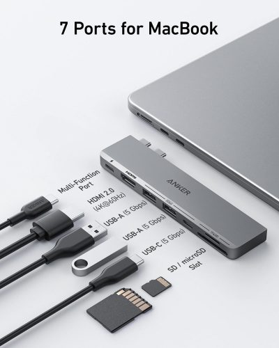 Hub chuyển đổi ANKER 547 USB-C 7-in-2 - A8354 - Hub Anker 547 USB-C 7-in-2 (A8354) mở rộng 2 cổng USB-C trên MacBook thành 7 cổng: USB-C đa năng 40 Gbps, USB-C dữ liệu, 2 USB-A, HDMI 4K@60Hz, khe SD/microSD. Thiết kế tối ưu cho MacBook Pro/Air, hỗ trợ sạc PD 100W, truyền dữ liệu siêu nhanh và xuất hình sắc nét.
