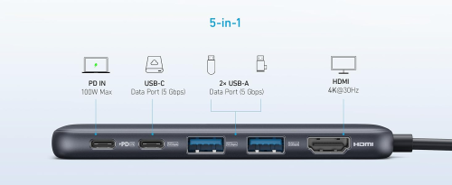 Hub chuyển đổi ANKER 332 USB-C 5in1, HDMI 4K, USB-C 5 Gbps, 2*USB-A 5 Gbps, sạc PD input 100W - A8355 - Hình ảnh 7