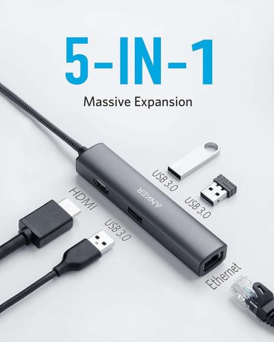 Hub cổng chuyển đổi ANKER 533 PowerExpand+ USB-C Ethernet 5-in-1 - A8338 - Hub Anker 533 PowerExpand+ (A8338) 5 trong 1 mở rộng cổng USB-C thành 3 USB-A 5 Gbps, HDMI 4K@30Hz và Ethernet Gigabit. Thiết kế siêu mỏng, nhẹ, hỗ trợ truyền dữ liệu nhanh, xuất hình sắc nét và kết nối mạng ổn định, lý tưởng cho laptop như MacBook, Dell, HP.