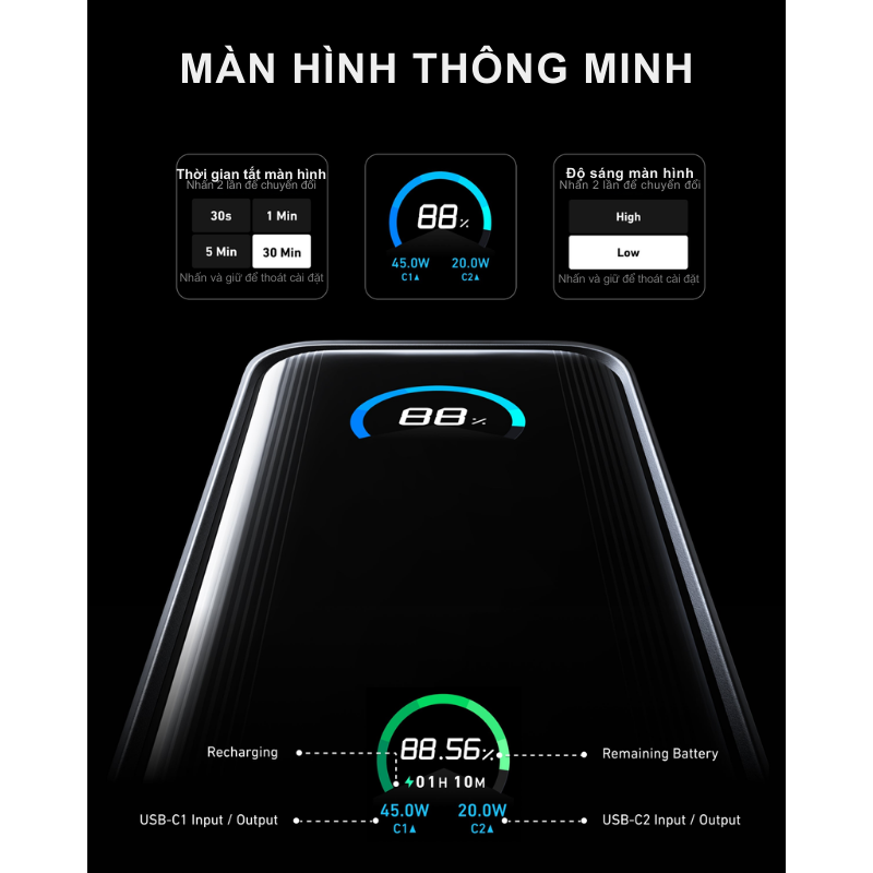 Anker A1339 - Pin Dự Phòng Anker Prime Fusion 9600mah 65W - Pin sạc dự phòng Anker A1339 – Anker Prime Fusion 9600mAh 65W kết hợp hoàn hảo giữa pin di động và sạc tường, cung cấp công suất tối đa 65W qua cổng USB-C. Với dung lượng 9600mAh, màn hình LCD thông minh và thiết kế nhỏ gọn (10,76 oz), đây là lựa chọn lý tưởng cho người dùng cần sạc nhanh iPhone, MacBook, hoặc Galaxy mọi lúc, mọi nơi.
