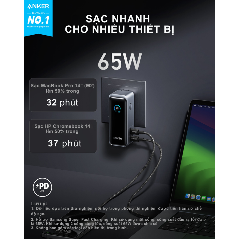 Anker A1339 - Pin Dự Phòng Anker Prime Fusion 9600mah 65W - Pin sạc dự phòng Anker A1339 – Anker Prime Fusion 9600mAh 65W kết hợp hoàn hảo giữa pin di động và sạc tường, cung cấp công suất tối đa 65W qua cổng USB-C. Với dung lượng 9600mAh, màn hình LCD thông minh và thiết kế nhỏ gọn (10,76 oz), đây là lựa chọn lý tưởng cho người dùng cần sạc nhanh iPhone, MacBook, hoặc Galaxy mọi lúc, mọi nơi.
