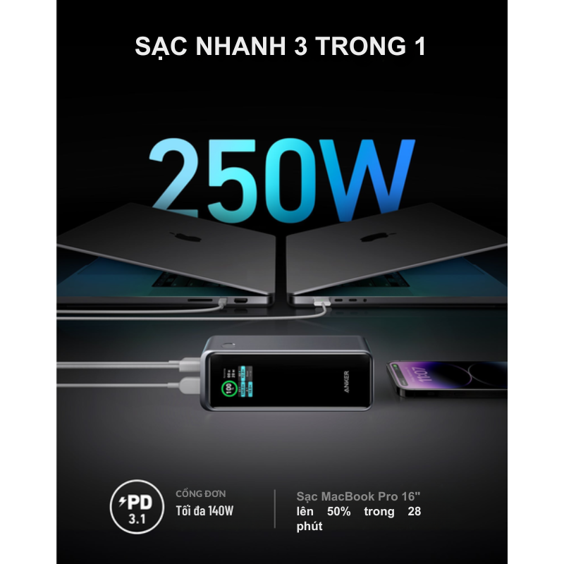 Anker A1340 - Pin Dự Phòng Anker Prime 27650mah 250W, điều khiển qua app, PD 140W, dành cho laptop, điện thoại - <div class="css-146c3p1 r-bcqeeo r-1ttztb7 r-qvutc0 r-37j5jr r-a023e6 r-16dba41 r-1adg3ll r-1b5gpbm r-a8ghvy" dir="ltr"><span class="css-1jxf684 r-bcqeeo r-1ttztb7 r-qvutc0 r-poiln3">Pin sạc dự phòng Anker A1340 – Anker Prime 27650mAh 250W mang đến dung lượng lớn và công suất tối đa 250W, hỗ trợ sạc nhanh PD 140W cho laptop và điện thoại. Điểm nổi bật là khả năng điều khiển qua ứng dụng Anker, cùng thiết kế nhỏ gọn như lon nước ngọt (666.7g). Sản phẩm tích hợp 2 cổng USB-C và 1 USB-A, lý tưởng cho người dùng đa nhiệm.</span></div>