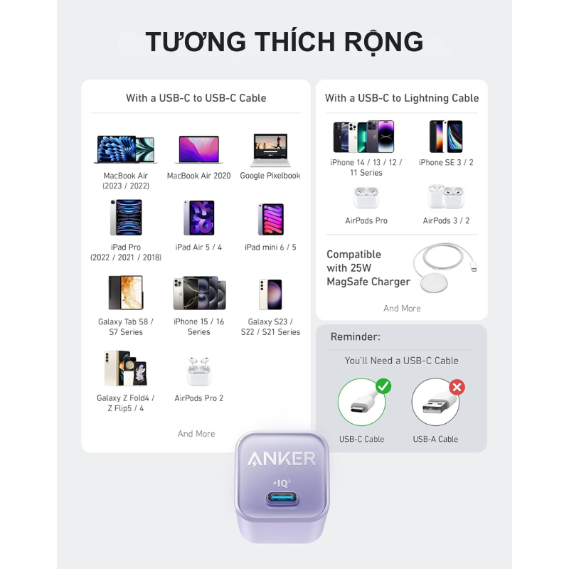 Anker A2147 - Củ sạc Anker 511 Nano 3 30W - <div class="css-146c3p1 r-bcqeeo r-1ttztb7 r-qvutc0 r-37j5jr r-a023e6 r-16dba41 r-1adg3ll r-1b5gpbm r-a8ghvy" dir="ltr"><span class="css-1jxf684 r-bcqeeo r-1ttztb7 r-qvutc0 r-poiln3">Anker A2147 – Củ sạc Anker 511 Nano 3 30W với thiết kế siêu nhỏ gọn, hỗ trợ sạc nhanh qua cổng USB-C, tương thích iPhone, Samsung, iPad. Công nghệ GaN II giúp hiệu suất cao, tản nhiệt tốt. Công suất tối đa 30W, tích hợp bảo vệ an toàn ActiveShield 2.0, lý tưởng cho người dùng di động.</span></div>