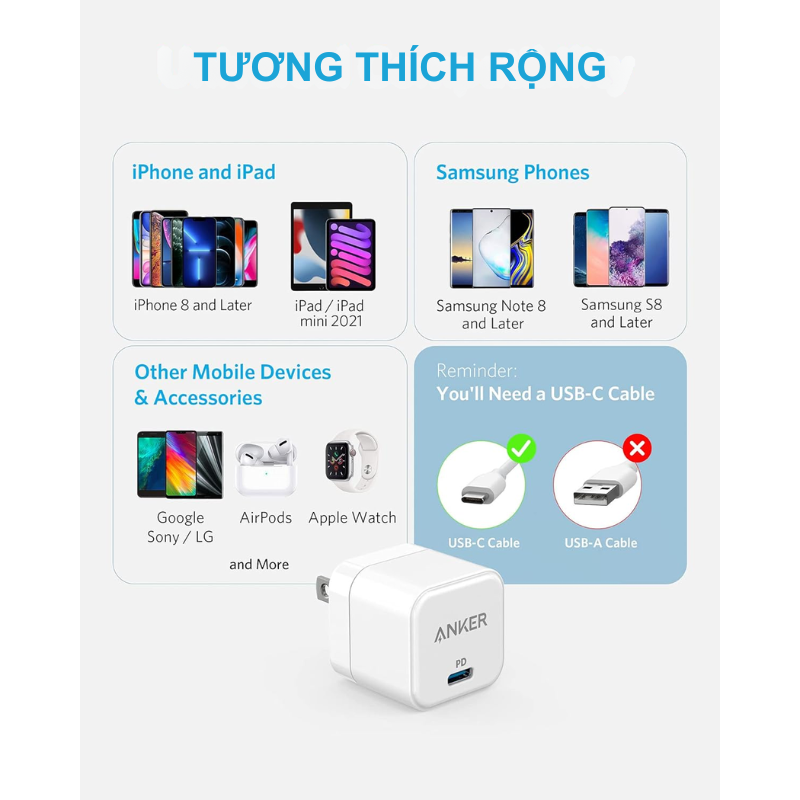 Anker A2149 - Cốc sạc nhanh Anker Powerport III, PD Type-C, công suất 20W - <div class="css-146c3p1 r-bcqeeo r-1ttztb7 r-qvutc0 r-37j5jr r-a023e6 r-16dba41 r-1adg3ll r-1b5gpbm r-a8ghvy" dir="ltr"><span class="css-1jxf684 r-bcqeeo r-1ttztb7 r-qvutc0 r-poiln3">Anker A2149 – Cốc sạc nhanh Anker PowerPort III PD Type-C 20W với thiết kế siêu nhỏ gọn, sạc nhanh cho iPhone, Samsung, iPad. Công nghệ PowerIQ 3.0 tăng tốc sạc gấp 3 lần so với sạc thường. Tích hợp chân gập tiện lợi và bảo vệ an toàn MultiProtect, lý tưởng cho người dùng di động.</span></div>