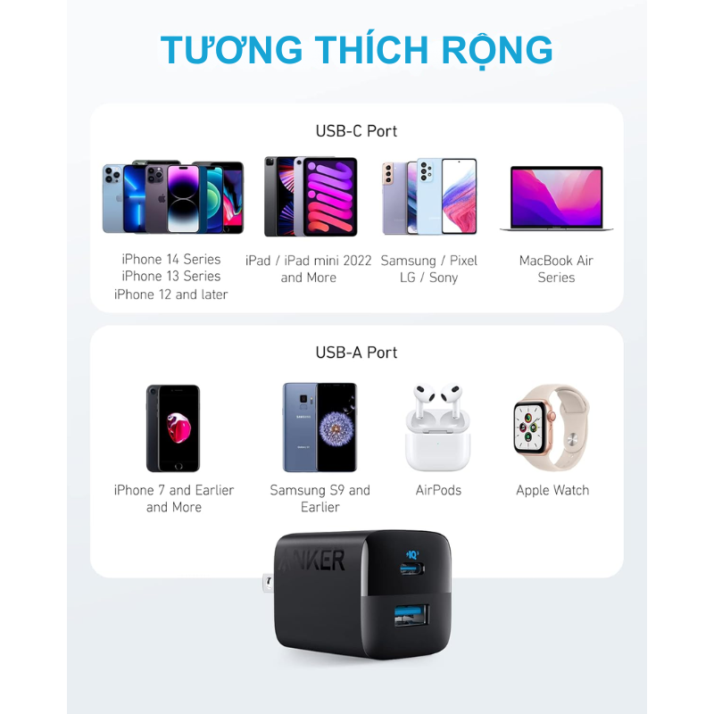 Anker A2331 - Củ sạc Anker 2 Cổng 323 33W - <div class="css-146c3p1 r-bcqeeo r-1ttztb7 r-qvutc0 r-37j5jr r-a023e6 r-16dba41 r-1adg3ll r-1b5gpbm r-a8ghvy" dir="ltr"><span class="css-1jxf684 r-bcqeeo r-1ttztb7 r-qvutc0 r-poiln3">Anker A2331 – Củ sạc Anker 2 cổng 323 33W với 1 USB-C PD và 1 USB-A, sạc nhanh cho iPhone, Samsung, iPad. Công suất tối đa 33W, thiết kế nhỏ gọn, chân gập tiện lợi. Tích hợp bảo vệ an toàn ActiveShield, lý tưởng cho người dùng cần sạc đa thiết bị.</span></div>