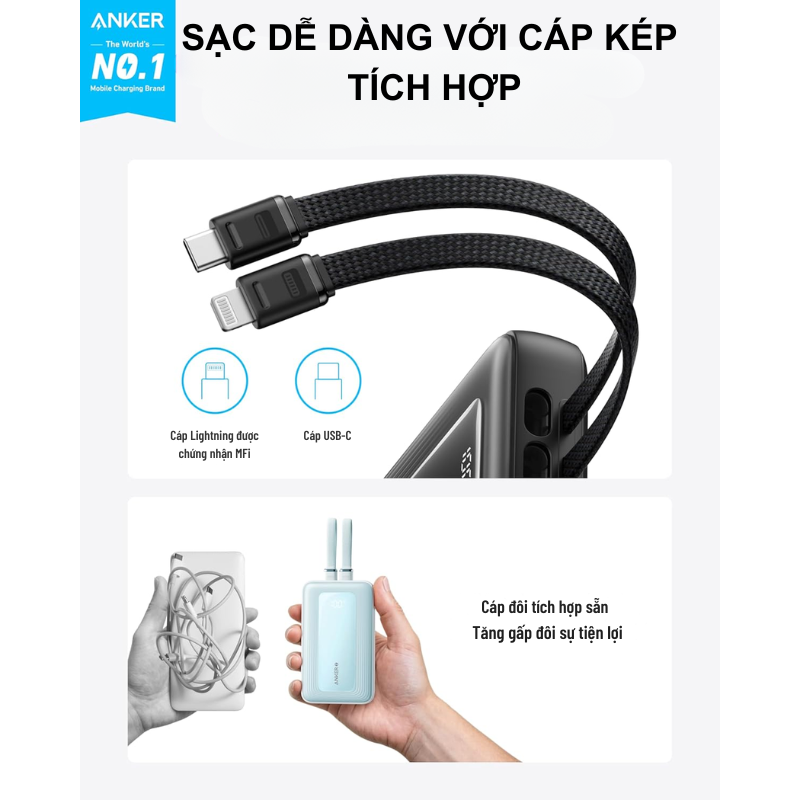 Anker A1681 - Pin dự phòng Anker 20000mah tích hợp dây cáp Type C 30W và Lightning 27W - <div class="css-146c3p1 r-bcqeeo r-1ttztb7 r-qvutc0 r-37j5jr r-a023e6 r-16dba41 r-1adg3ll r-1b5gpbm r-a8ghvy" dir="ltr"><span class="css-1jxf684 r-bcqeeo r-1ttztb7 r-qvutc0 r-poiln3">Pin dự phòng Anker A1681 sở hữu dung lượng 20.000mAh, tích hợp dây cáp Type-C 30W và Lightning 27W, đáp ứng nhu cầu sạc nhanh vượt trội. Thiết kế nhỏ gọn (119.9 x 73.4 x 31.4 mm, 362g) cùng khả năng sạc 4 thiết bị cùng lúc, lý tưởng cho người dùng di động. Được chứng nhận Apple MFi, sản phẩm đảm bảo an toàn tuyệt đối cho thiết bị iOS và Android.</span></div>