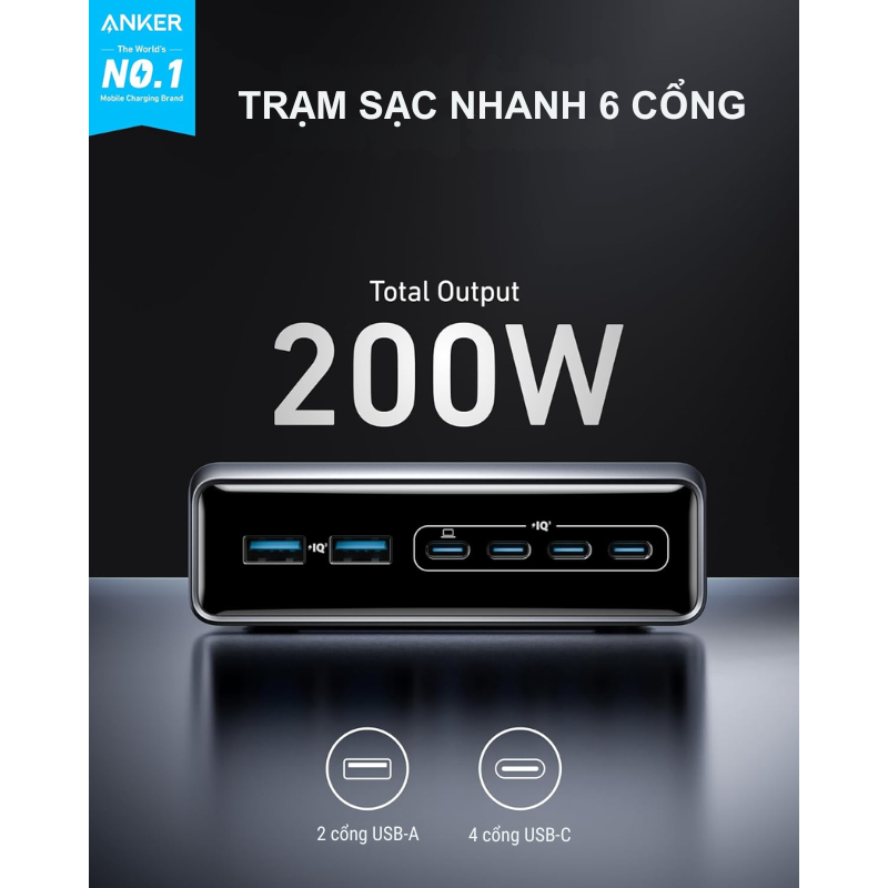 Trạm Sạc Anker Prime 6 Cổng 200w GaNPrime A2683 - <div class="css-146c3p1 r-bcqeeo r-1ttztb7 r-qvutc0 r-37j5jr r-a023e6 r-16dba41 r-1adg3ll r-1b5gpbm r-a8ghvy" dir="ltr"><span class="css-1jxf684 r-bcqeeo r-1ttztb7 r-qvutc0 r-poiln3">Trạm sạc Anker Prime A2683 200W GaNPrime tích hợp 6 cổng (4 USB-C, 2 USB-A), hỗ trợ sạc nhanh PD với công suất tối đa 100W mỗi cổng USB-C. Thiết kế nhỏ gọn, dây nguồn 1.5m, sạc cùng lúc 6 thiết bị như laptop, điện thoại. Công nghệ GaNPrime và ActiveShield™ 3.0 đảm bảo hiệu suất cao, an toàn vượt trội.</span></div>