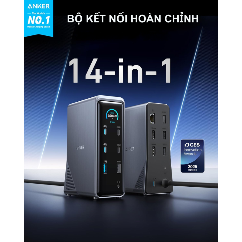 Trạm sạc Anker Prime A83B6 160W 14 in 1 - <div class="css-146c3p1 r-bcqeeo r-1ttztb7 r-qvutc0 r-37j5jr r-a023e6 r-16dba41 r-1adg3ll r-1b5gpbm r-a8ghvy" dir="ltr"><span class="css-1jxf684 r-bcqeeo r-1ttztb7 r-qvutc0 r-poiln3">Trạm sạc Anker Prime A83B6 160W 14 trong 1 tích hợp 4 cổng USB-C, 5 USB-A, 2 HDMI, Ethernet và audio, hỗ trợ sạc nhanh 100W mỗi cổng USB-C. Thiết kế nhỏ gọn với màn hình thông minh, sạc cùng lúc 4 thiết bị và hiển thị kép 4K. Công nghệ GaN và ActiveShield™ 2.0 đảm bảo hiệu suất cao, an toàn tối ưu.</span></div>