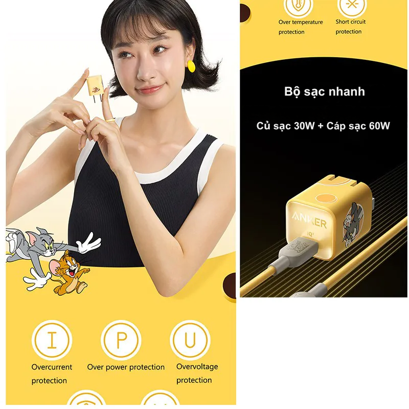 Anker A2147 - Củ sạc Anker 511 Nano 3 30W phiên bản Tom and Jerry - <div class="css-146c3p1 r-bcqeeo r-1ttztb7 r-qvutc0 r-37j5jr r-a023e6 r-16dba41 r-1adg3ll r-1b5gpbm r-a8ghvy" dir="ltr"><span class="css-1jxf684 r-bcqeeo r-1ttztb7 r-qvutc0 r-poiln3">Củ sạc Anker A2147 – Anker 511 Nano 3 30W phiên bản Tom and Jerry là sự kết hợp hoàn hảo giữa thiết kế nhỏ gọn và hiệu suất mạnh mẽ. Với công suất 30W, sản phẩm hỗ trợ sạc nhanh cho iPhone, iPad, và cả MacBook Air. Phiên bản đặc biệt Tom and Jerry mang đến phong cách vui nhộn, độc đáo. Công nghệ GaN giúp tối ưu kích thước, chỉ dày 1.12 inch, nhỏ hơn 70% so với sạc 30W thông thường.</span></div>