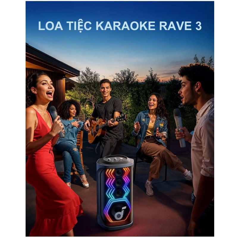 Loa Bluetooth karaoke party Soundcore Rave 3 công suất 160W kèm 2 mic không dây - A31A3 - <div class="css-146c3p1 r-bcqeeo r-1ttztb7 r-qvutc0 r-37j5jr r-a023e6 r-16dba41 r-1adg3ll r-1b5gpbm r-a8ghvy" dir="ltr"><span class="css-1jxf684 r-bcqeeo r-1ttztb7 r-qvutc0 r-poiln3">Loa Bluetooth Soundcore Rave 3 (A31A3) công suất 160W, đi kèm 2 micro không dây, tích hợp AI loại bỏ giọng hát cho karaoke tức thì. Âm thanh không gian, đèn HexaGlow đồng bộ nhạc, pin 12 giờ, chống nước IPX4. Tùy chỉnh EQ qua ứng dụng Soundcore, lý tưởng cho tiệc tùng và giải trí tại gia.</span></div>