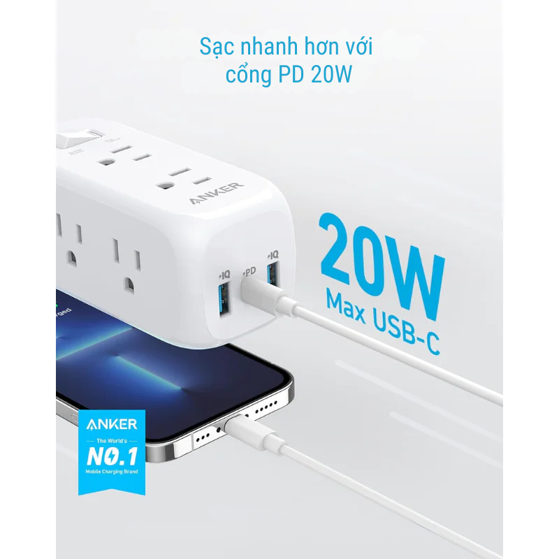 Anker A9169 - Ổ cắm du lịch Anker 322 2 USB A, 1 USB C 20W, 6 AC - <div class="css-146c3p1 r-bcqeeo r-1ttztb7 r-qvutc0 r-37j5jr r-a023e6 r-16dba41 r-1adg3ll r-1b5gpbm r-a8ghvy" dir="ltr"><span class="css-1jxf684 r-bcqeeo r-1ttztb7 r-qvutc0 r-poiln3">Ổ cắm du lịch Anker 322 (A9169) với 6 ổ cắm AC, 1 USB-C 20W Power Delivery và 2 USB-A, hỗ trợ sạc nhanh và tiện lợi. Thiết kế nhỏ gọn, tích hợp bảo vệ quá tải, quá nhiệt. Công suất tổng 1875W, lý tưởng cho du lịch, công tác hay sử dụng tại nhà.</span></div>