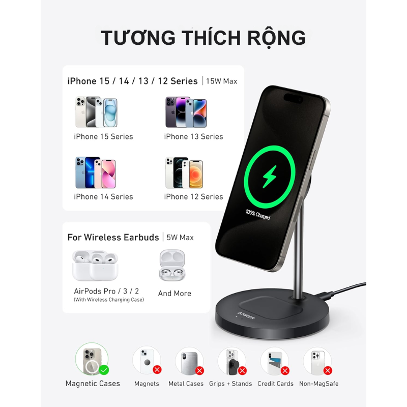 Đế sạc không dây Anker MagGo Qi2 A2544 2 trong 1, công suất 15w - <div class="css-146c3p1 r-bcqeeo r-1ttztb7 r-qvutc0 r-37j5jr r-a023e6 r-16dba41 r-1adg3ll r-1b5gpbm r-a8ghvy" dir="ltr"><span class="css-1jxf684 r-bcqeeo r-1ttztb7 r-qvutc0 r-poiln3">Đế sạc không dây Anker MagGo Qi2 A2544 2 trong 1 mang đến trải nghiệm sạc nhanh 15W tiện lợi cho iPhone và AirPods. Với công nghệ Qi2 và tương thích MagSafe, sản phẩm đảm bảo sạc an toàn, hiệu quả. Thiết kế xoay linh hoạt 360° ngang và 45° dọc cùng đèn LED kép giúp dễ dàng theo dõi trạng thái sạc.</span></div>