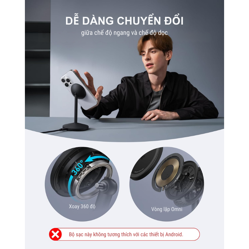 Đế sạc không dây Anker Qi2 A25X1, công suất 15W - <div class="css-146c3p1 r-bcqeeo r-1ttztb7 r-qvutc0 r-37j5jr r-a023e6 r-16dba41 r-1adg3ll r-1b5gpbm r-a8ghvy" dir="ltr"><span class="css-1jxf684 r-bcqeeo r-1ttztb7 r-qvutc0 r-poiln3">Đế sạc không dây Anker Qi2 A25X1 mang đến trải nghiệm sạc nhanh 15W với công nghệ Qi2 tiên tiến, tương thích MagSafe. Thiết kế xoay 360° linh hoạt cùng góc nghiêng điều chỉnh giúp tối ưu hóa góc nhìn. Sản phẩm tích hợp vật liệu nhôm dẫn nhiệt cao, đảm bảo hiệu suất sạc ổn định và an toàn.</span></div>
