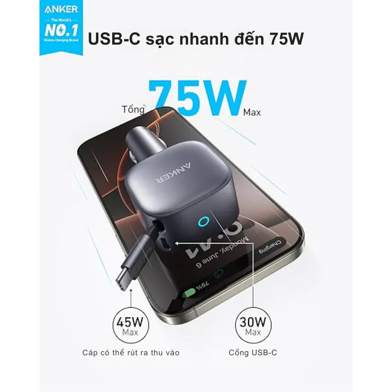 Tẩu sạc nhanh Anker A2738 75W kèm cáp sạc 45W và cổng type C 30W hỗ trợ PPS, PD, QC 3.0 - Tẩu sạc nhanh Anker A2738 75W là lựa chọn hoàn hảo cho nhu cầu sạc nhanh đa thiết bị. Đi kèm cáp sạc USB-C 45W tích hợp và cổng Type-C 30W, sản phẩm hỗ trợ công nghệ PPS, PD, và QC 3.0. Thiết kế nhỏ gọn, tiện lợi, phù hợp sử dụng trên ô tô, đảm bảo sạc nhanh và an toàn cho điện thoại, laptop, và nhiều thiết bị khác.
