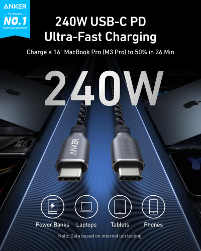 Cáp sạc Anker Prime A88E2 USB-C to USB-C 240W - <div> <p class="break-words" dir="auto">Cáp sạc Anker Prime A88E2 USB-C to USB-C hỗ trợ sạc nhanh 240W, truyền dữ liệu 480Mbps, bọc nylon tái chế bền bỉ. Dài 0.9m hoặc 1.8m, tương thích MacBook, iPad, Samsung, thiết kế thân thiện môi trường, chịu hơn 300.000 lần uốn cong, lý tưởng cho sạc nhanh và sử dụng lâu dài.</p> </div>