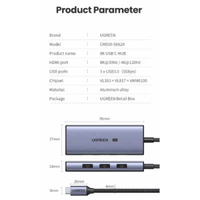 Bộ chuyển đổi đa năng USB-C Ugreen CM500 50629 - <ul> <li data-sourcepos="1:1-1:51">Bộ chuyển đổi đa năng USB-C Ugreen CM500 50629</li> <li>Đầu vào: USB-C Male</li> <li>Đầu ra: 3 x USB 3.0 Female, 1 x HDMI Female</li> <li>Tốc độ truyền dữ liệu: USB 3.0: 5Gbps</li> <li>Độ phân giải HDMI: Lên đến 8K@30Hz hoặc 4K@120Hz</li> <li>Kích thước: 11.5 x 5.5 x 1.5 cm</li> <li>Trọng lượng: 100g</li> </ul>