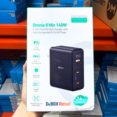 Aukey PA-B7O - Bộ Sạc đa năng du lịch Aukey Omnia II Mix 140W, 3 cổng GaN PD 3.1, tích hợp chân cắm US,UK,EU - <ul> <li class="irIKAp">Model: Aukey PA-B7O</li> <li class="irIKAp">Đầu vào: 110-240V 2A 50 / 60Hz</li> <li class="irIKAp">Đầu ra các cổng</li> <li class="irIKAp">USB-C 1 / 2: 5 ~ 11V / 4.05A (PPS), 5V / 3A, 9V / 3A, 12V / 3A, 15V / 3A, 20V / 5A, 28V / 5A (Tối đa 140W)</li> <li class="irIKAp">USB-A : 5V / 3A, 9V / 3A, 10V / 2,25A, 12V / 1,25A (Tối đa 22,5W)</li> <li class="irIKAp">USB-C1 + USB-C2: 65W + 65W (Tối đa 130W)</li> <li class="irIKAp">USB-C1 / C2 + USB-A: 100W + 22,5W (Tối đa 122,5W)</li> <li class="irIKAp">USB-C1 + USB-C2 + USB-A: 65W + 45W + 18W (Tối đa 128W)</li> <li class="irIKAp">Tổng công suất: 140W</li> <li class="irIKAp">Kích thước: 6,4 x 7,95 x 3,2cm</li> <li class="irIKAp">Trọng lượng: 268g</li> </ul>