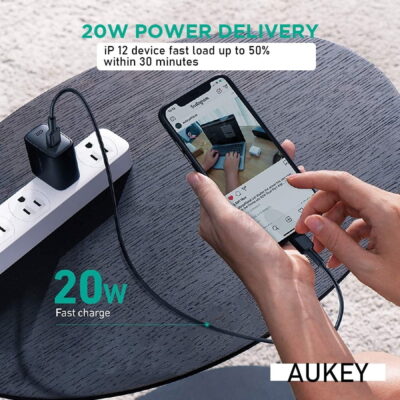 Combo Sạc nhanh Iphone củ sạc Aukey PA-F1S, Dây Sạc Aukey CB-CL2 Dài 2m bện Nylon - <ul> <li>Model : Củ sạc PA-F1S (20W) + Cáp sạc iphone AUKEY - CB-CL2 dài 2m</li> <li>Màu sắc: Đen</li> <li>Nguồn điện vào: AC 100-240V, 50/60Hz 0.5A</li> <li>Nguồn điện ra (USB-C): 5V 3A, 9V 2.22A, 12V 1.67A (Tối đa 20W)</li> <li>Kích thước: 44 x 43 x 28mm</li> </ul>