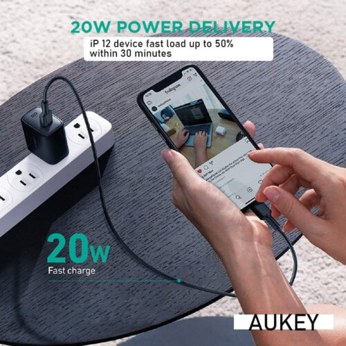 Combo Sạc nhanh Iphone củ sạc Aukey PA-F1S, Dây Sạc Aukey CB-CL2 Dài 2m bện Nylon - Hình ảnh 6