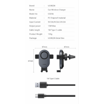 Bộ đế sạc xe hơi không dây 15W Ugreen CD256 - <ul> <li>Bộ đế sạc xe hơi không dây 15W Ugreen CD256</li> <li>Đầu vào: 5V=2A 9V=2A 12V=2A</li> <li>Công suất đầu ra: 15W</li> <li>Điện thoại tương thích: 4.7''-6.7''</li> <li>Cảm biến tự động khóa</li> <li>Độ dày của các lỗ thông gió: 2-4mm</li> <li>Đầu ra sạc không dây Qi: 15W/10W/7.5W/5W</li> </ul>