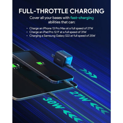 Aukey PA-B1L - Củ sạc nhanh AUKEY 30W Omnia™ II Gan USB C PD 3.0 PPS cho iP 15 14 13 12 11 Series - <ul> <li><strong>Model: </strong>Aukey PA-B1L</li> <li><strong>Công suất đầu ra</strong>: 5V/3A; 9V/3A; 12V/2.5A;15V/2A; 20V/1.5A</li> <li><strong>Công nghệ sạc</strong>: PD 3.0; PPS</li> <li><strong>Cổng kết nối</strong>: 1 x USB-C</li> </ul>