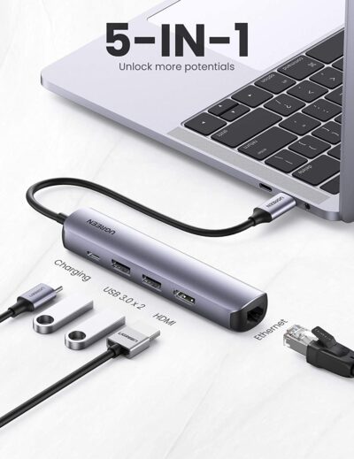 Hub chuyển đổi USB C 5 in 1 Ugreen CM418 10919 - <ul data-sourcepos="9:1-13:0"> <li data-sourcepos="9:1-9:23"><strong>Hub Ugreen CM418 10919</strong></li> <li data-sourcepos="9:1-9:23">2 cổng USB 3.0 Type-A</li> <li data-sourcepos="10:1-10:13">1 cổng HDMI</li> <li data-sourcepos="11:1-11:21">1 cổng RJ45 Gigabit</li> <li data-sourcepos="12:1-13:0">1 cổng USB Type-C (PD)</li> <li data-sourcepos="16:1-16:20">Chuẩn USB: USB 3.0</li> <li data-sourcepos="17:1-17:34">Tốc độ truyền tải: Lên đến 5Gbps</li> <li data-sourcepos="18:1-18:32">Tương thích ngược: USB 2.0/1.1</li> <li data-sourcepos="19:1-19:36">Độ phân giải HDMI: Lên đến 4K@30Hz</li> <li data-sourcepos="20:1-20:30">Tốc độ mạng: 10/100/1000Mbps</li> <li data-sourcepos="21:1-21:27">Cổng cấp nguồn: PD (100W)</li> <li data-sourcepos="22:1-23:0">Chất liệu: Vỏ nhôm cao cấp chống quá nhiệt</li> </ul>