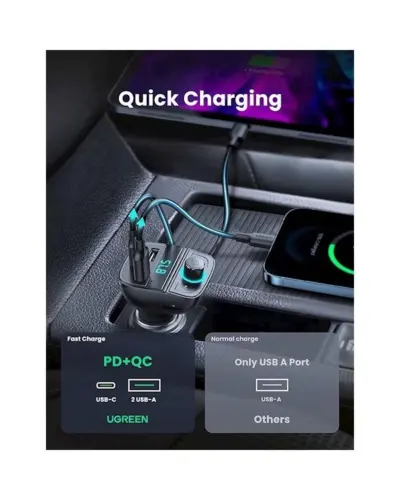 Bộ sạc xe hơi Ugreen CD229 80910 - <ul> <li>Model: Ugreen CD229 80910</li> <li>Điện áp đầu vào: DC12V-24V</li> <li>Điện áp đầu ra: <ul> <li>USB-A QC3.0: 5V/3A, 9V/2A, 12V/1.5A</li> <li>USB-A: 5V/2.4A</li> <li>USB-C PD3.0: 5V/3A, 9V/2A, 12V/1.5A</li> </ul> </li> <li>Khe cắm thẻ nhớ: Hỗ trợ thẻ nhớ TF lên đến 32GB</li> <li>Bluetooth: Bluetooth 5.0</li> <li>Màn hình hiển thị: LCD</li> <li>Chất liệu: Nhựa ABS</li> </ul>