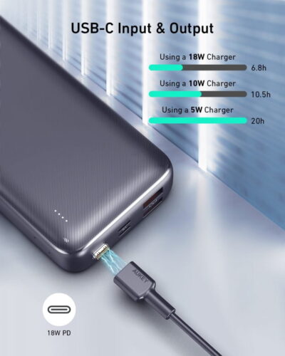 Aukey PB-N74S Pin dự phòng 20.000 mAh - <ul> <li>Model: PB-N74S</li> <li>Màu sắc: Đen</li> <li>Dung lượng: 20000mAh</li> <li>Công nghệ: Power Delivery 3.0, QuickCharge 3.0</li> <li>Đèn LED hiển thị dung lượng pin</li> <li>Lightning input: 5V/2A, 9V/2A</li> <li>Micro-USB input: 5V/2A, 9V/2A</li> <li>USB-C Input: (Power Delivery 3.0) 5V/3A, 9V/2A</li> <li>USB-C Output: (Power Delivery 3.0) 5V/3A, 9V/2A, 12V/1.5A</li> <li>USB Output 1/2: (Quick Charge 3.0) 5V/2.4A, 9V/2A, 12V/1.5A</li> <li>Tổng công suất nguồn ra: 22.5W</li> <li>Kích thước: 14.7 x 6.87 x 2.64 cm</li> <li>Trọng lượng: 386g</li> <li>Bảo hành chính hãng 18 tháng</li> <li>Bộ sản phẩm gồm: AUKEY PB-N74S, cáp sạc USB-A to USB-C, hướng dẫn sử dụng</li> </ul>