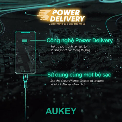 Aukey CB-CL5, Cáp Sạc Nhanh Aukey C to lightning cho iphone 11/12/13/14 series dài 1,2m Chất liệu Nylon, Hỗ trợ sạc PD 27W - Hình ảnh 2