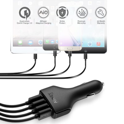 Aukey CC-T9 Sạc Ô Tô 4 cổng Quick Charge 3.0- 55W - <ul> <li>Thương hiệu: Aukey</li> <li>Màu sắc: Đen</li> <li>Mã sản phẩm: CC-T9</li> <li>Nguồn vào: 12-24V</li> <li>Nguồn ra: 4 cổng sạc USB <ul> <li>1 cổng: Quick Charge 3.0 + PowerIQ – 3.6-6.5V/3A, 6.5-9V/2A, 9-12V/1.5A (Tối đa)</li> <li>3 cổng: PowerIQ tự chỉnh dòng, tối đa 5V 2,4A</li> </ul> </li> <li>Công suất: 55.5W</li> <li>Kích thước: 9,35 x 4,55 x 2,1cm</li> <li>Trọng lượng: 45,36g</li> </ul>