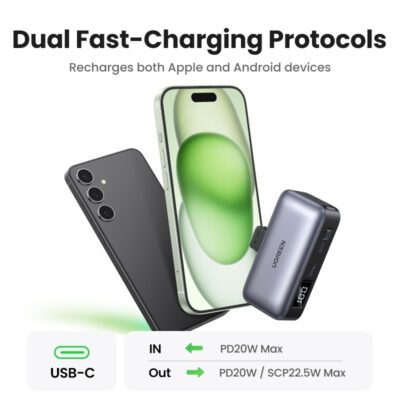 Pin dự phòng tích hợp đầu nối USB-C UGREEN PB503 5000mAh PD 20W, SCP 22,5W Màn hình LED tích hợp giá đỡ - <ul> <li><strong>Model</strong>: Ugreen PB503</li> <li><strong>Loại pin</strong>: Pin Li-ion</li> <li><strong>Dung lượng pin</strong>: 5000mAh, 3.6V (18.5Wh)</li> <li><strong>Dung lượng định mức</strong>: 2500mAh (Thông thường 5V 2.4A)</li> <li><strong>Thời gian sạc đầy</strong>: 2.5 giờ (với sạc PD 20W)</li> <li><strong>Tổng công suất đầu ra</strong>: 5V, 3A, 15W Max</li> <li><strong> Đầu vào</strong>: <ul> <li><strong>USB-C1: </strong>5V, 3A / 9V, 2.22A / 12V, 1.67A</li> <li><strong>USB-C2</strong>: 5V, 3A / 9V, 2.22A / 12V, 1.67A</li> </ul> </li> <li><strong>Đầu ra</strong>: <ul> <li><strong>USB-C1: </strong>10V, 2.25A / 5V, 3A / 9V, 2.22A / 12V, 1.67A</li> <li><strong>USB-C2</strong>: 10V, 2.25A / 5V, 3A / 9V, 2.22A / 12V, 1.67A</li> </ul> </li> <li><strong>Kích thước gói hàng</strong>: 10cm x 10cm x 3cm</li> <li><strong>Trọng lượng sản phẩm</strong>: 140g</li> <li><strong>Trọng lượng cả gói</strong>: 202g</li> </ul>