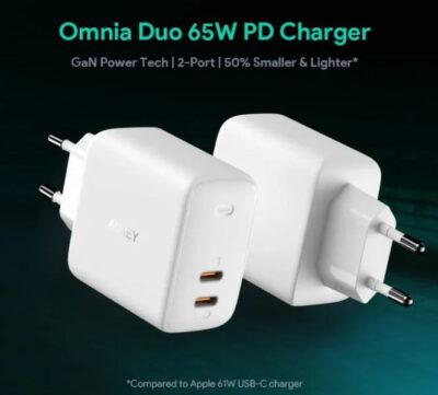 Aukey PA-B4S Củ Sạc Nhanh 65W - THÔNG SỐ KỸ THUẬT <ul> <li>- Model: Aukey PA-B4S</li> <li>- Màu sắc: Trắng</li> <li>- Công nghệ Omni-Power</li> <li>- Đầu_vào: 100-240V ~ 1.5A 50/ 60Hz</li> <li>- Đầu_ra USB-C 1: (65W phân phối PD 3.0): 5V 3A/ 9V 3A/ 12V 3A/ 15V 3A/ 20V 3,25A; 5 ~ 21V 3A (PPS)</li> <li>- Đầu_ra USB-C 2: (20W phân phối PD 3.0): 5V 2.4A/ 9V 2.22A/ 12V 1.67A; 5 ~ 11V 1.8A (PPS)</li> <li>- Cổng ra kép: Tối đa 65W (45W + 20W)</li> <li>- Công suất đầu ra tối đa: 65W</li> <li>- Kích thước: 49 x 51 x 28mm</li> <li>- Trọng lượng: 104g</li> </ul> Bộ sản phẩm bao gồm: <ul> <li>1 x Hộp đựng sản phẩm</li> <li>1 x Cốc sạc AUKEY PA-P4S</li> <li>1 x Sách hướng dẫn (Tiếng Anh)</li> </ul>