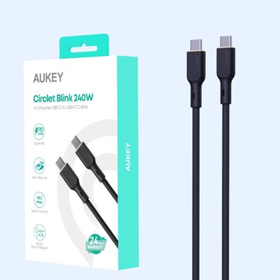 Aukey CB-SCC241 - Cáp C to C silicone 240W 1m, màu đen - <ul> <li>Aukey CB-SCC241 - Cáp C to C silicone 240W 1m</li> <li><strong>Loại cáp:</strong> USB Type-C sang Type-C</li> <li><strong>Công suất:</strong> 240W (5A)</li> <li><strong>Tốc độ truyền dữ liệu:</strong> 40Gbps (USB 4.0)</li> <li><strong>Chiều dài:</strong> 1 mét</li> <li><strong>Màu sắc:</strong> Đen</li> <li><strong>Chất liệu vỏ:</strong> Silicone</li> </ul>