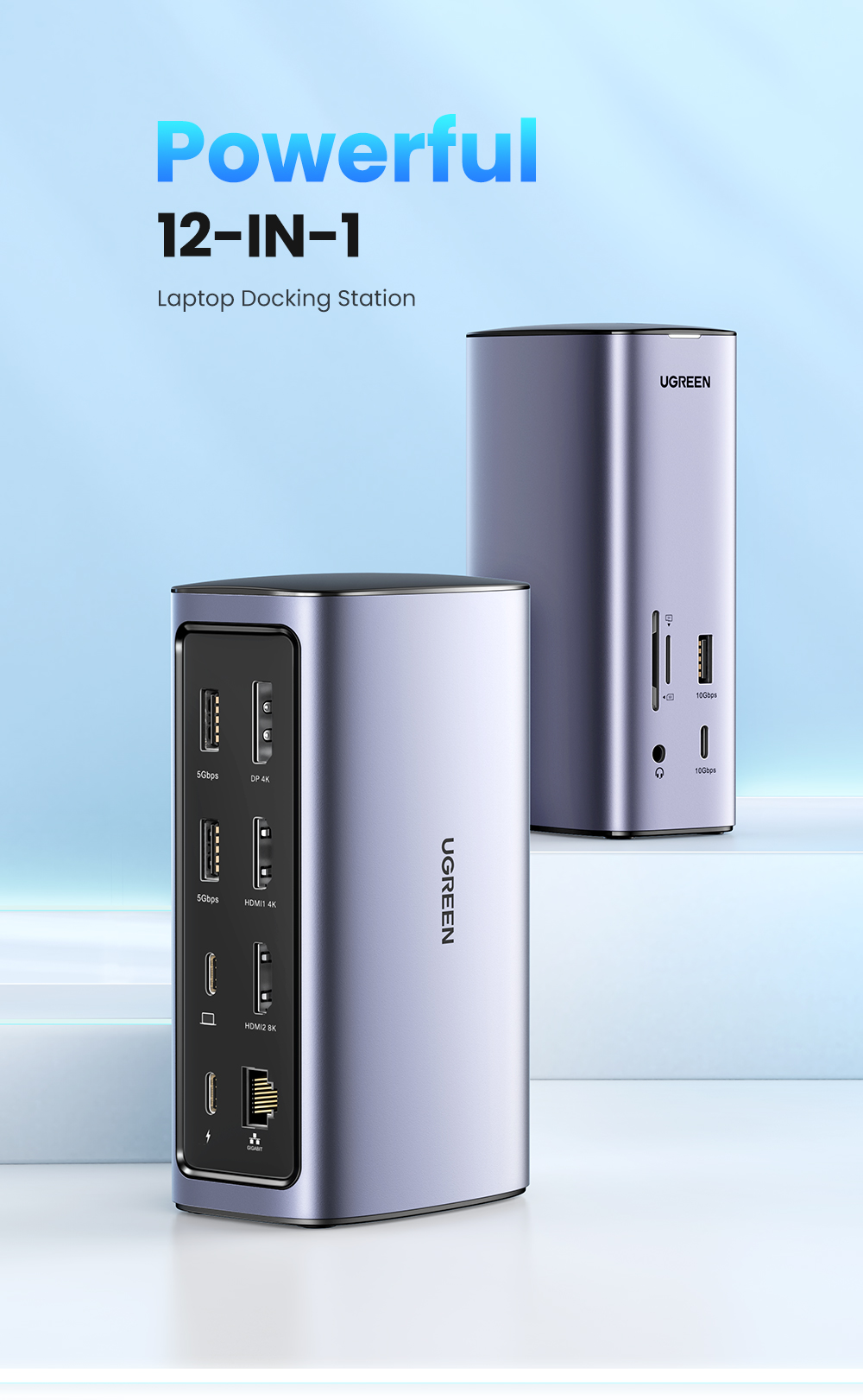 Dock chuyển đổi USB C 12 in 1 Ugreen CM555 90325 - <ul> <li>Tên sản phẩm: Dock chuyển đổi USB C 12 in 1 Ugreen CM555 90325</li> <li>Cổng kết nối:2 cổng HDMI <ul> <li>1 cổng DisplayPort</li> <li>1 cổng USB-C</li> <li>3 cổng USB-A</li> <li>1 cổng Gigabit Ethernet</li> <li>1 khe cắm thẻ nhớ SD/TF</li> <li>1 cổng Jack tai nghe 3.5mm</li> </ul> </li> <li>Hỗ trợ độ phân giải: 4K UHD (3840x2160) 60Hz</li> <li>Tốc độ truyền dữ liệu: Lên đến 10Gbps</li> <li>Sạc nguồn: Lên đến 100W</li> <li>Kích thước: 320mm x 260mm x 60mm</li> <li>Trọng lượng: 998g</li> </ul>