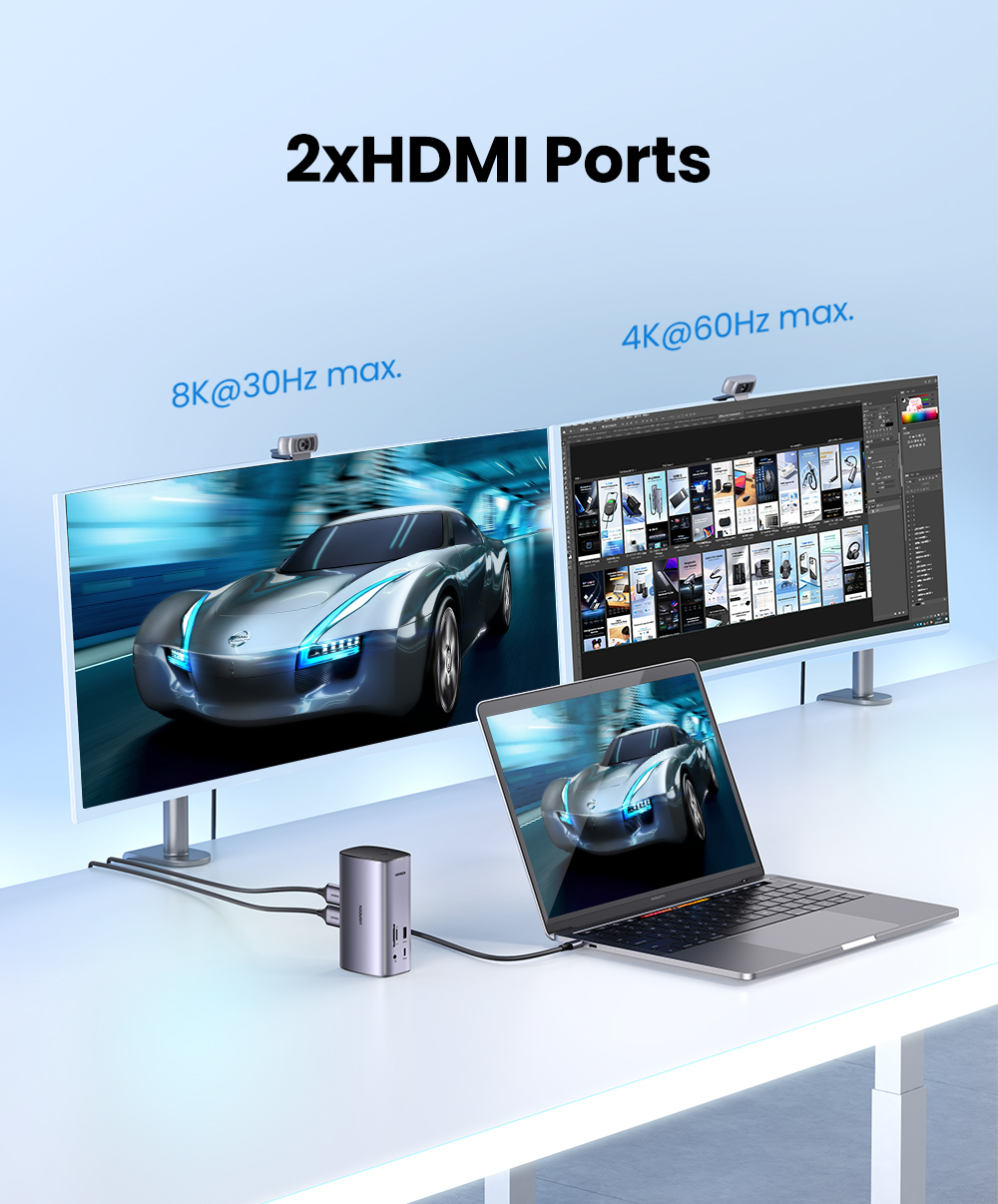 Dock chuyển đổi USB C 12 in 1 Ugreen CM555 90325 - <ul> <li>Tên sản phẩm: Dock chuyển đổi USB C 12 in 1 Ugreen CM555 90325</li> <li>Cổng kết nối:2 cổng HDMI <ul> <li>1 cổng DisplayPort</li> <li>1 cổng USB-C</li> <li>3 cổng USB-A</li> <li>1 cổng Gigabit Ethernet</li> <li>1 khe cắm thẻ nhớ SD/TF</li> <li>1 cổng Jack tai nghe 3.5mm</li> </ul> </li> <li>Hỗ trợ độ phân giải: 4K UHD (3840x2160) 60Hz</li> <li>Tốc độ truyền dữ liệu: Lên đến 10Gbps</li> <li>Sạc nguồn: Lên đến 100W</li> <li>Kích thước: 320mm x 260mm x 60mm</li> <li>Trọng lượng: 998g</li> </ul>