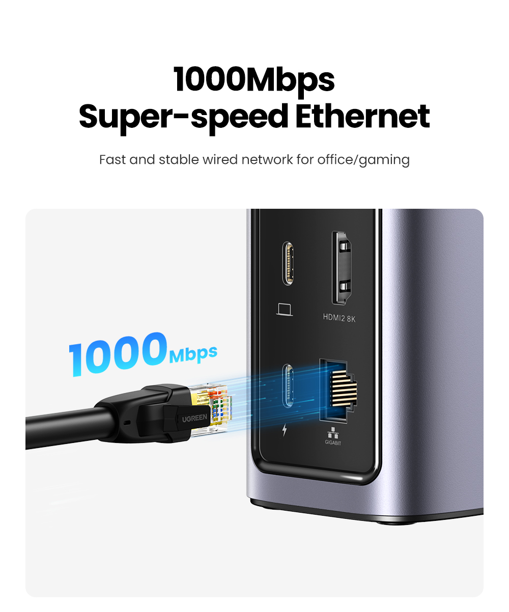 Dock chuyển đổi USB C 12 in 1 Ugreen CM555 90325 - <ul> <li>Tên sản phẩm: Dock chuyển đổi USB C 12 in 1 Ugreen CM555 90325</li> <li>Cổng kết nối:2 cổng HDMI <ul> <li>1 cổng DisplayPort</li> <li>1 cổng USB-C</li> <li>3 cổng USB-A</li> <li>1 cổng Gigabit Ethernet</li> <li>1 khe cắm thẻ nhớ SD/TF</li> <li>1 cổng Jack tai nghe 3.5mm</li> </ul> </li> <li>Hỗ trợ độ phân giải: 4K UHD (3840x2160) 60Hz</li> <li>Tốc độ truyền dữ liệu: Lên đến 10Gbps</li> <li>Sạc nguồn: Lên đến 100W</li> <li>Kích thước: 320mm x 260mm x 60mm</li> <li>Trọng lượng: 998g</li> </ul>