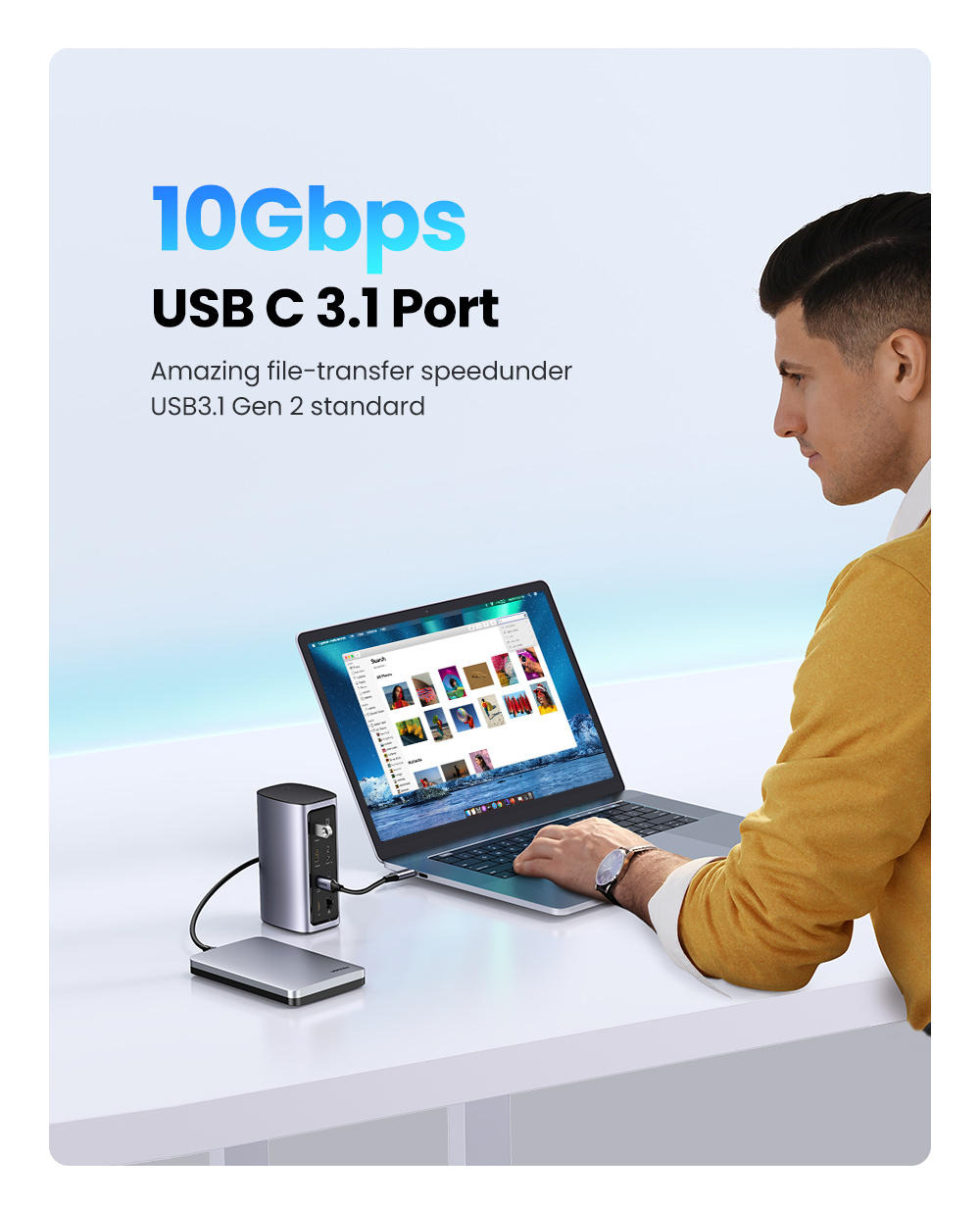 Dock chuyển đổi USB C 12 in 1 Ugreen CM555 90325 - <ul> <li>Tên sản phẩm: Dock chuyển đổi USB C 12 in 1 Ugreen CM555 90325</li> <li>Cổng kết nối:2 cổng HDMI <ul> <li>1 cổng DisplayPort</li> <li>1 cổng USB-C</li> <li>3 cổng USB-A</li> <li>1 cổng Gigabit Ethernet</li> <li>1 khe cắm thẻ nhớ SD/TF</li> <li>1 cổng Jack tai nghe 3.5mm</li> </ul> </li> <li>Hỗ trợ độ phân giải: 4K UHD (3840x2160) 60Hz</li> <li>Tốc độ truyền dữ liệu: Lên đến 10Gbps</li> <li>Sạc nguồn: Lên đến 100W</li> <li>Kích thước: 320mm x 260mm x 60mm</li> <li>Trọng lượng: 998g</li> </ul>