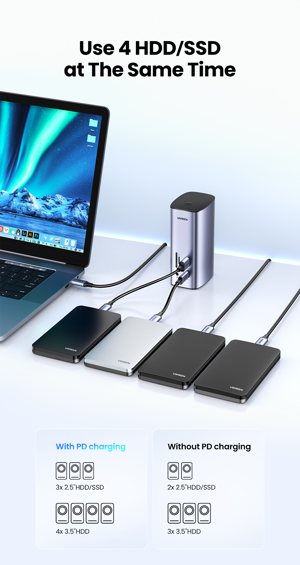 Dock chuyển đổi USB C 12 in 1 Ugreen CM555 90325 - <ul> <li>Tên sản phẩm: Dock chuyển đổi USB C 12 in 1 Ugreen CM555 90325</li> <li>Cổng kết nối:2 cổng HDMI <ul> <li>1 cổng DisplayPort</li> <li>1 cổng USB-C</li> <li>3 cổng USB-A</li> <li>1 cổng Gigabit Ethernet</li> <li>1 khe cắm thẻ nhớ SD/TF</li> <li>1 cổng Jack tai nghe 3.5mm</li> </ul> </li> <li>Hỗ trợ độ phân giải: 4K UHD (3840x2160) 60Hz</li> <li>Tốc độ truyền dữ liệu: Lên đến 10Gbps</li> <li>Sạc nguồn: Lên đến 100W</li> <li>Kích thước: 320mm x 260mm x 60mm</li> <li>Trọng lượng: 998g</li> </ul>