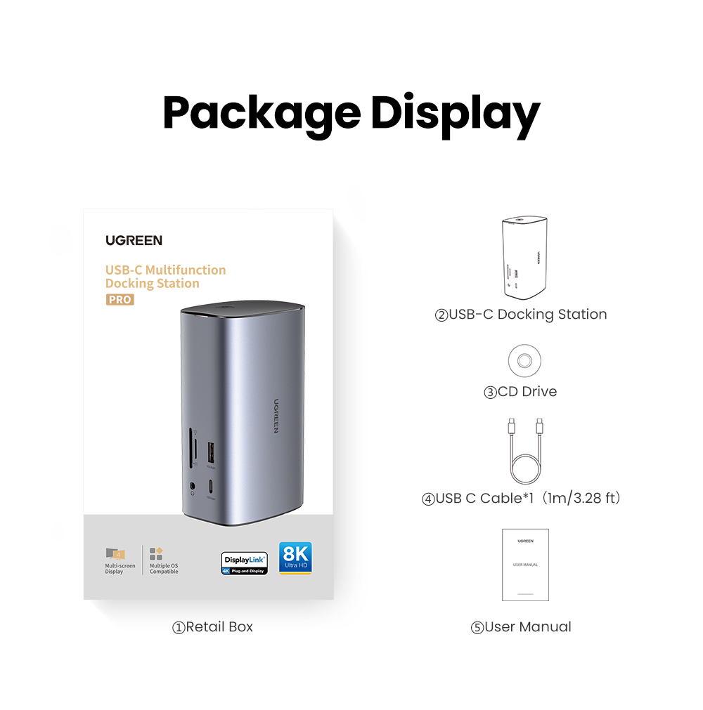 Dock chuyển đổi USB C 12 in 1 Ugreen CM555 90325 - <ul> <li>Tên sản phẩm: Dock chuyển đổi USB C 12 in 1 Ugreen CM555 90325</li> <li>Cổng kết nối:2 cổng HDMI <ul> <li>1 cổng DisplayPort</li> <li>1 cổng USB-C</li> <li>3 cổng USB-A</li> <li>1 cổng Gigabit Ethernet</li> <li>1 khe cắm thẻ nhớ SD/TF</li> <li>1 cổng Jack tai nghe 3.5mm</li> </ul> </li> <li>Hỗ trợ độ phân giải: 4K UHD (3840x2160) 60Hz</li> <li>Tốc độ truyền dữ liệu: Lên đến 10Gbps</li> <li>Sạc nguồn: Lên đến 100W</li> <li>Kích thước: 320mm x 260mm x 60mm</li> <li>Trọng lượng: 998g</li> </ul>
