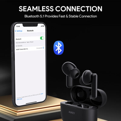 Aukey EP-M1NC - Tai nghe không dây ANC TWS - <ul> <li>Aukey EP-M1NC - Tai nghe không dây ANC TWS</li> <li><strong>Loại tai nghe:</strong> True wireless (TWS)</li> <li><strong>Kết nối:</strong> Bluetooth 5.0</li> <li><strong>Chống ồn:</strong> Có (ANC)</li> <li><strong>Chế độ xuyên âm:</strong> Có</li> <li><strong>Chất lượng âm thanh:</strong> Dải tần 20Hz - 20kHz</li> <li><strong>Thời lượng pin:</strong> Tai nghe: 5 giờ, Hộp sạc: 20 giờ, Tổng: 25 giờ</li> <li><strong>Khả năng chống nước:</strong> IPX4</li> <li><strong>Kích thước:</strong> 23.5 x 20.5 x 18.5 mm (tai nghe)</li> <li><strong>Trọng lượng:</strong> 4.2g (tai nghe)</li> </ul>