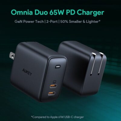 Aukey PA-B4 Củ Sạc 2 Cổng Omnia Sạc Nhanh PD GaN 65W - ✅Thông Số Kỹ Thuật <ul> <li>- Model: Aukey PA-B4</li> <li>- Màu sắc: Đen</li> <li>- USB-C Out 1 : DC 5V 3A/9V 3A/12V 2.5A/15V 3A/20V 3.25A (Max 65W)</li> <li>- USB-C Out 2 : DC 5V 3A/9V 2A/12V 1.5A (Max 18W)</li> <li>- 2 Cổng Output : 45W + 18W = 63W Max</li> <li>- Max Out: 65W</li> <li>- Kích Thước Sản Phẩm: 52 x 52 x 30mm</li> <li>- Trọng lượng: 111g</li> <li>- Input: AC 100-240V; 50 / 60Hz 1.5A Max</li> </ul>
